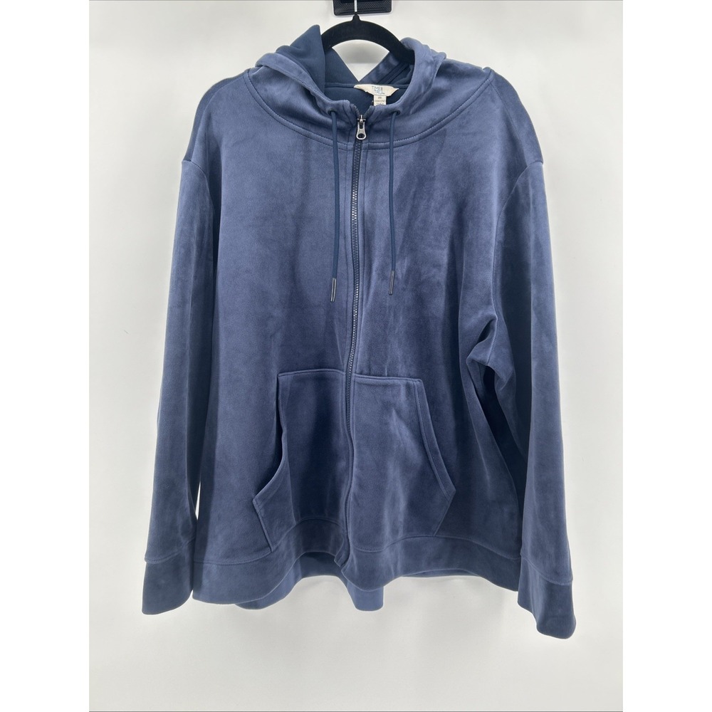 Time & Tru Blue Velour Zip Up Hoodie Cozycore Womens Sz 2X Y2K Soft Athleisure